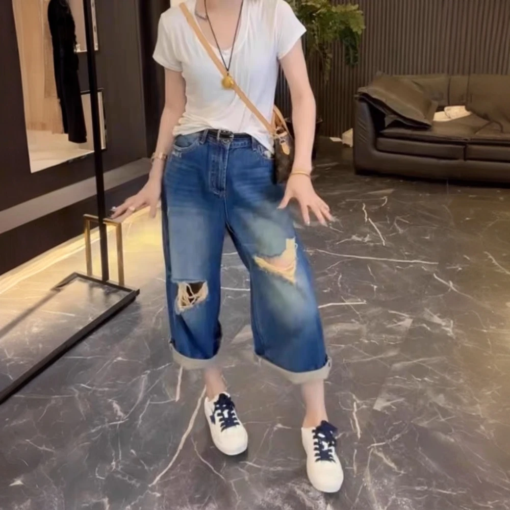 松弛感破洞牛仔裤女2025夏季新款高腰宽松遮胯显瘦美式八分直筒裤