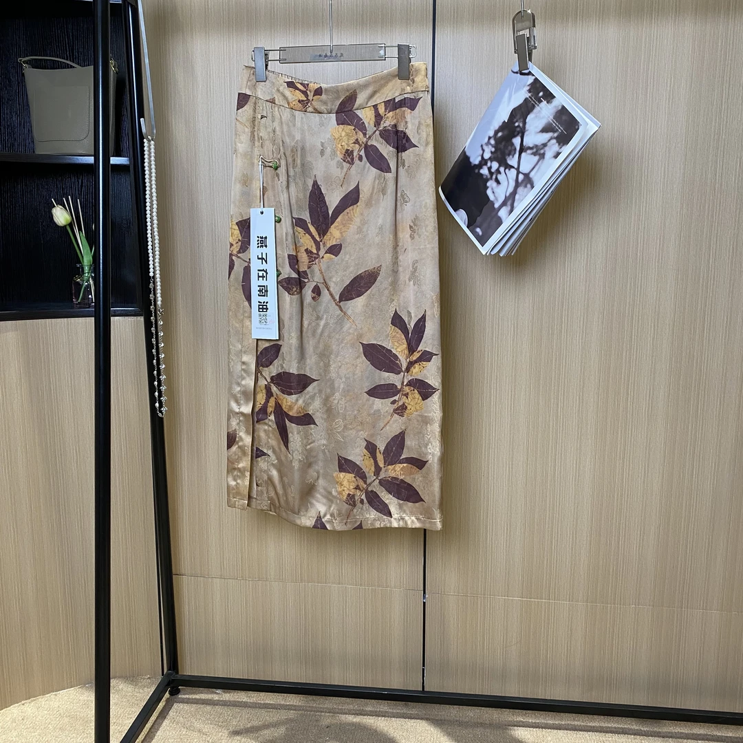 【燕子在南油】裙长86禅意古韵人丝印花显瘦直筒半裙3524