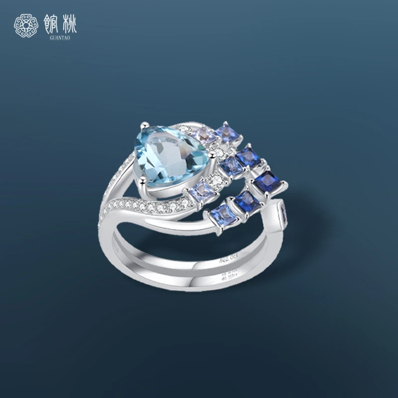 馆桃【捕】18K白金海蓝宝石戒指