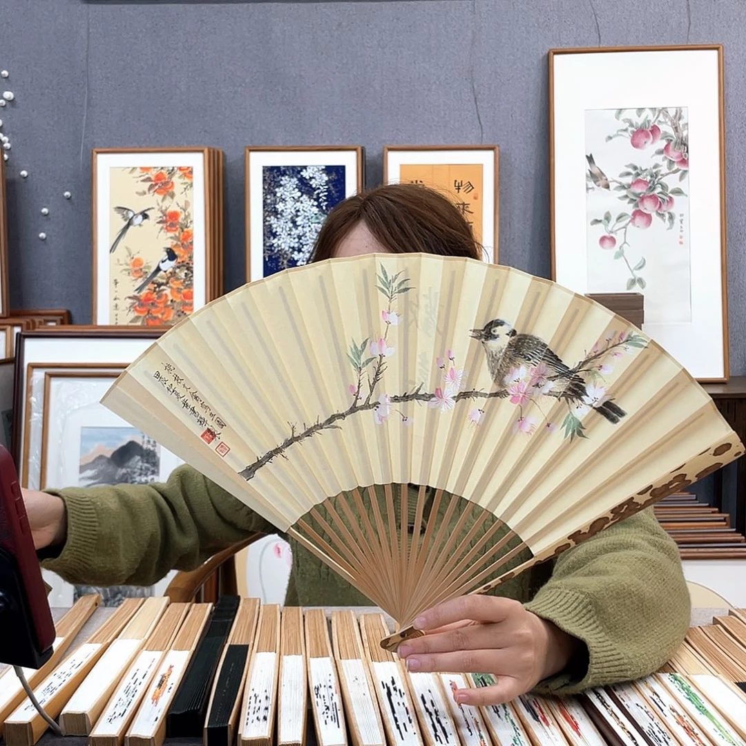 国画95寸梅妃-纯手绘-文玩扇骨（默认粘好）