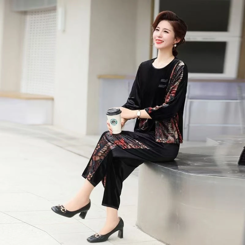 8176-中年人妈妈春装洋气上衣裤子女春秋时尚宽松两件套装【余】