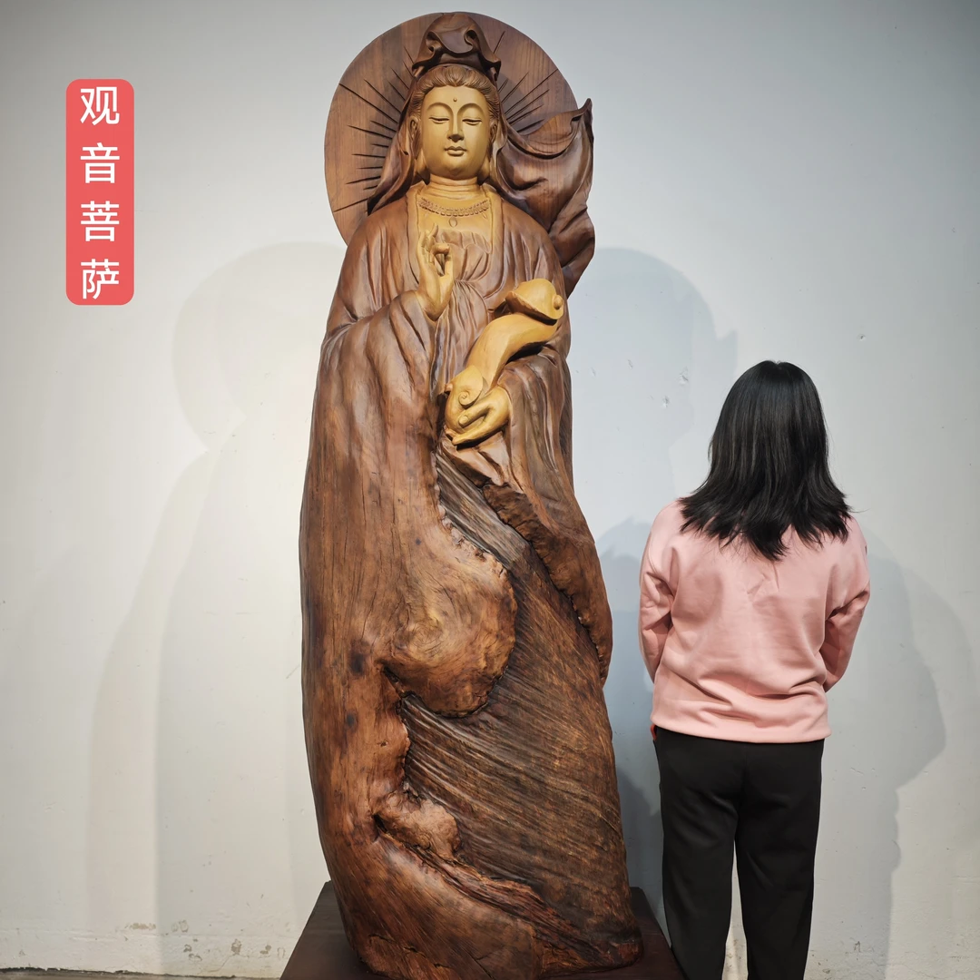 木雕观音菩萨 南方松木 长75宽61总高218cm(底座高42)