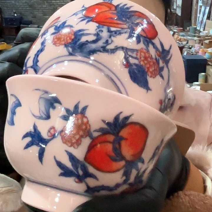 摆件陶景德镇高温陶瓷桃子4.5寸红希希碗一对