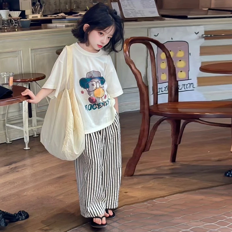 女童卡通T恤条纹阔腿裤套装2025夏季新款洋气宽松短袖中大童衣服