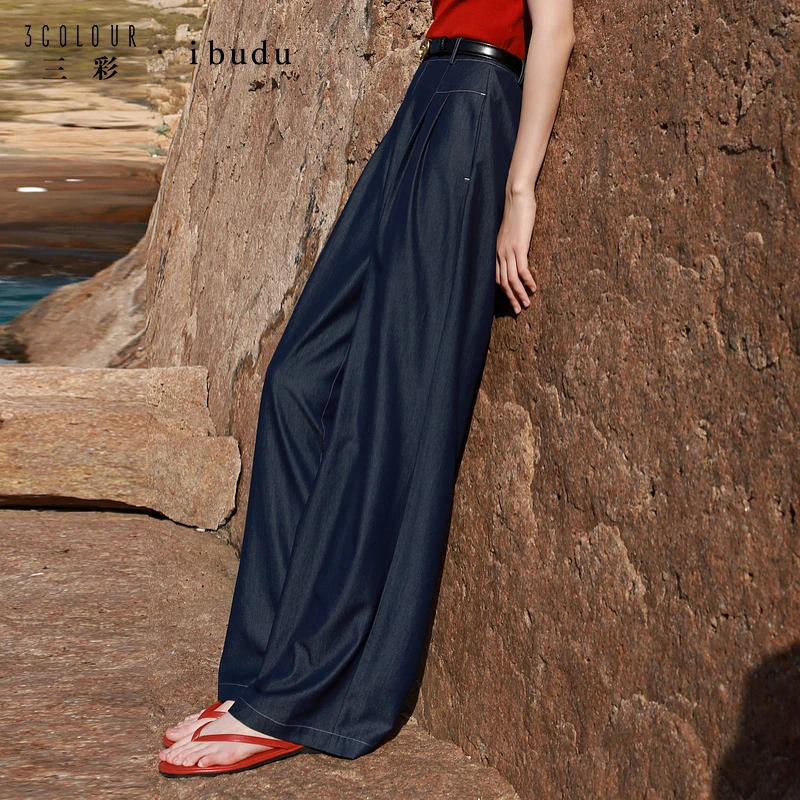 三彩ibudu2025夏季新款休闲收腰宽松阔腿裤长裤垂感显瘦女