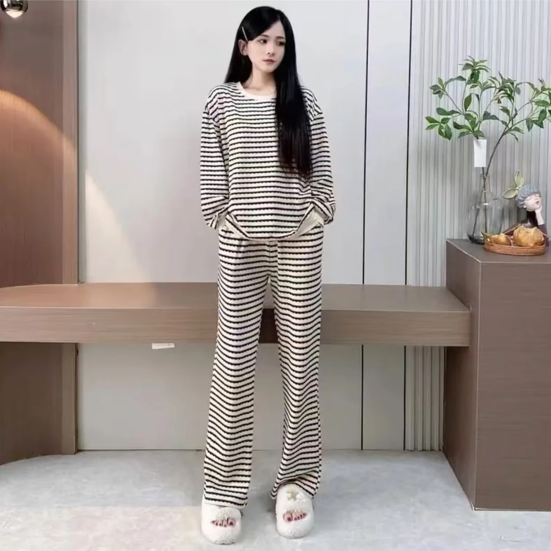 【胸垫款】纯棉条纹长袖睡衣女套装冬季新款韩版女士家居服外穿