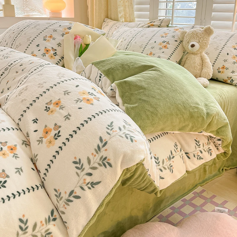 牛奶绒小清新四件套加厚加绒床单被套罩珊瑚绒床笠款宿舍床上用品