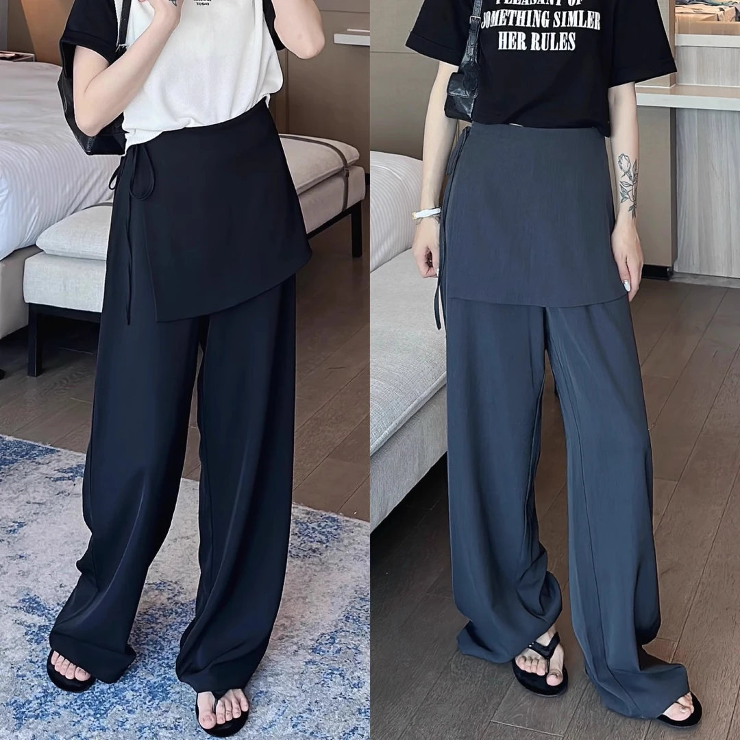 欧洲站气质系带屁帘阔腿西装裤女大码胖mm假两件拼接垂感休闲长裤