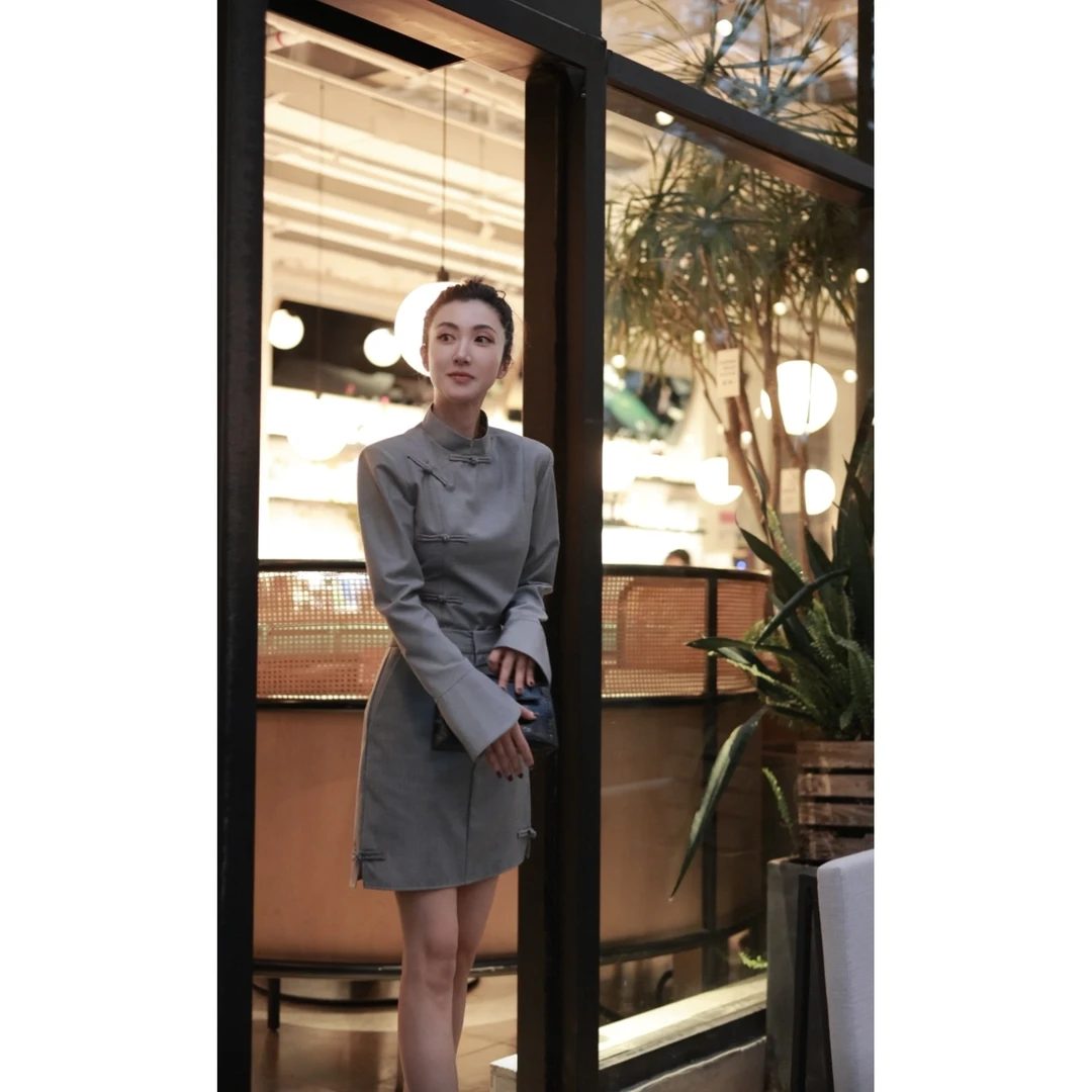 【壁虎服饰】24新*灰色盘扣套装中国风上衣盘扣半裙套装