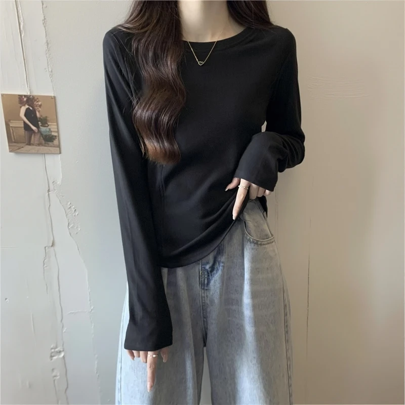 韩版秋冬新款螺纹白色鱼骨弧形下摆网红长袖百搭t恤打底衫上衣女