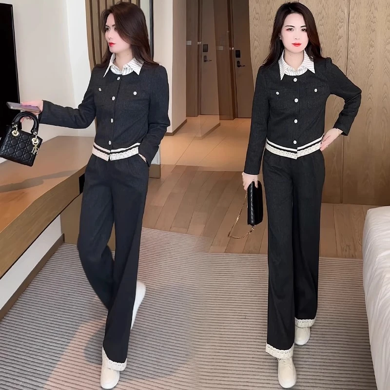 时尚韩版套装女2025春秋新款设计感假两件拼接衬衫上衣休闲两件套