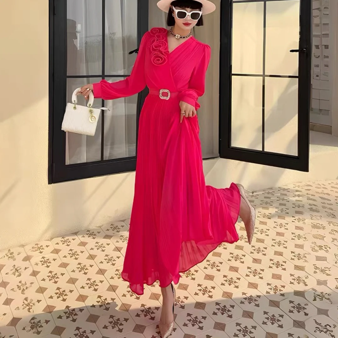 7851-B-1-2-5 法式优雅V领立体花装饰收腰绑带连衣裙下摆百褶长裙