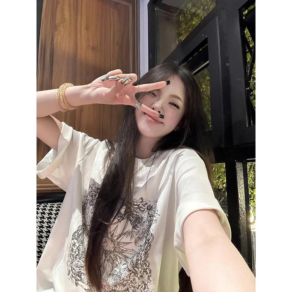 美式复古烫钻印花白色短袖T恤女宽松显瘦设计感休闲百搭套头上衣