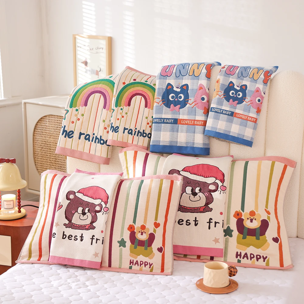 亲子款八层纯棉纱布枕巾一对装卡通可爱柔软防汗全棉加厚枕头盖巾