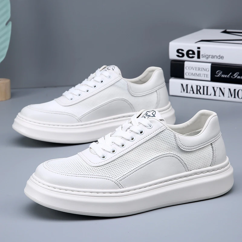 白色系带夏季男士休闲板鞋小白鞋透气休闲鞋子厚底