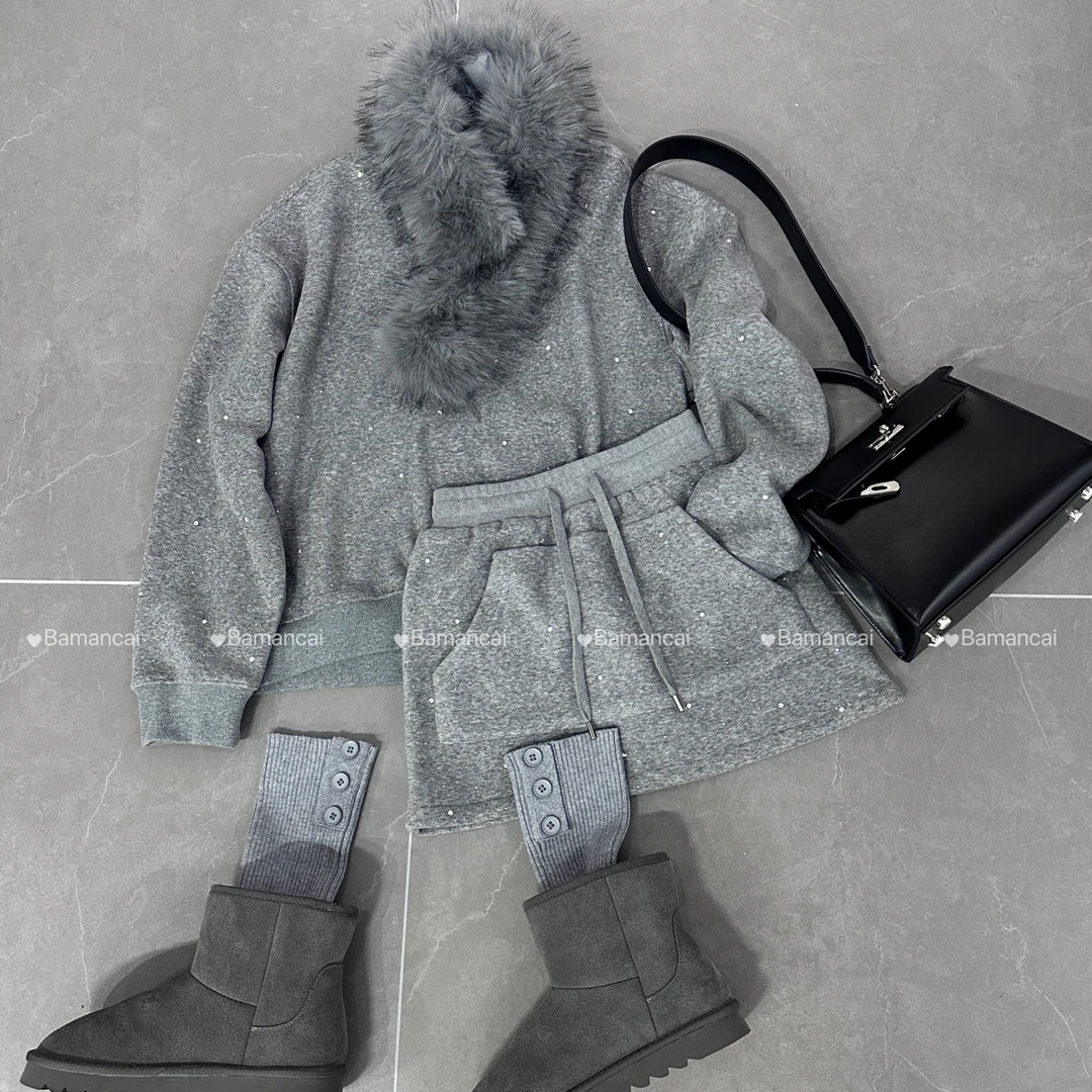 Bamancai-重工烫钻满天星圆领套头卫衣短裙气质时髦百搭套装