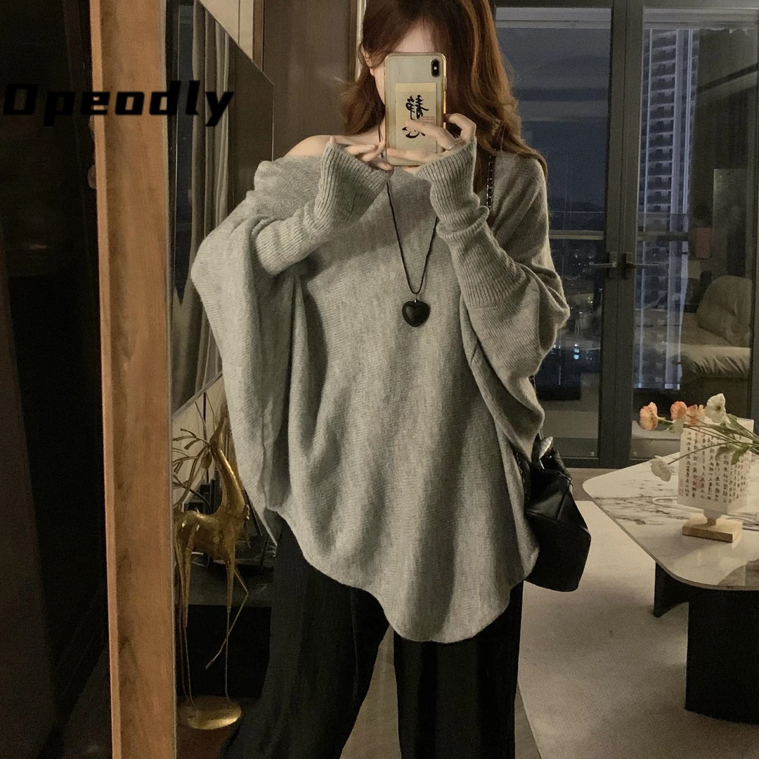 Opeodly大码纯欲风上衣蝙蝠袖套头毛衣女宽松针织衫慵懒风中长款
