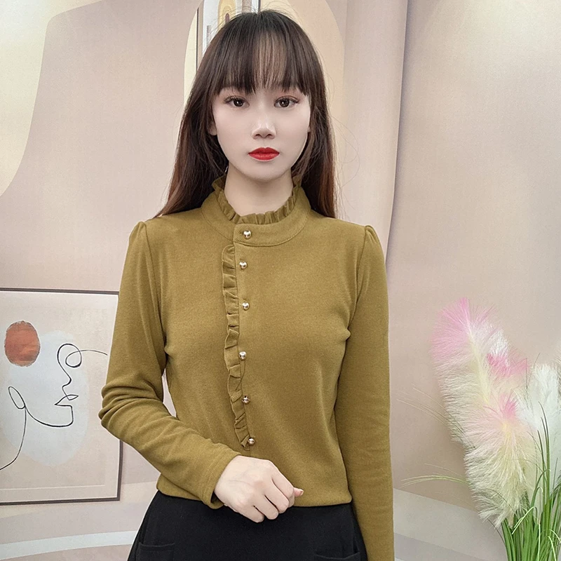 2025冬季气质显瘦木耳边加绒保暖立领长袖衬衫女百搭纯色打底上衣