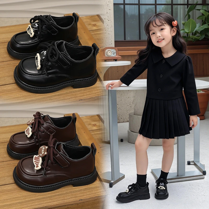 ABC 女童黑色小皮鞋2025年春秋新款儿童时尚软底防滑英伦公主单鞋