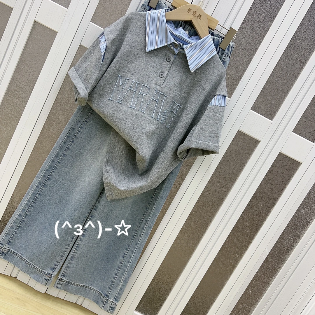 中大童女童T恤2025年新款时尚拼接条纹翻领短袖搭洋气牛仔裤