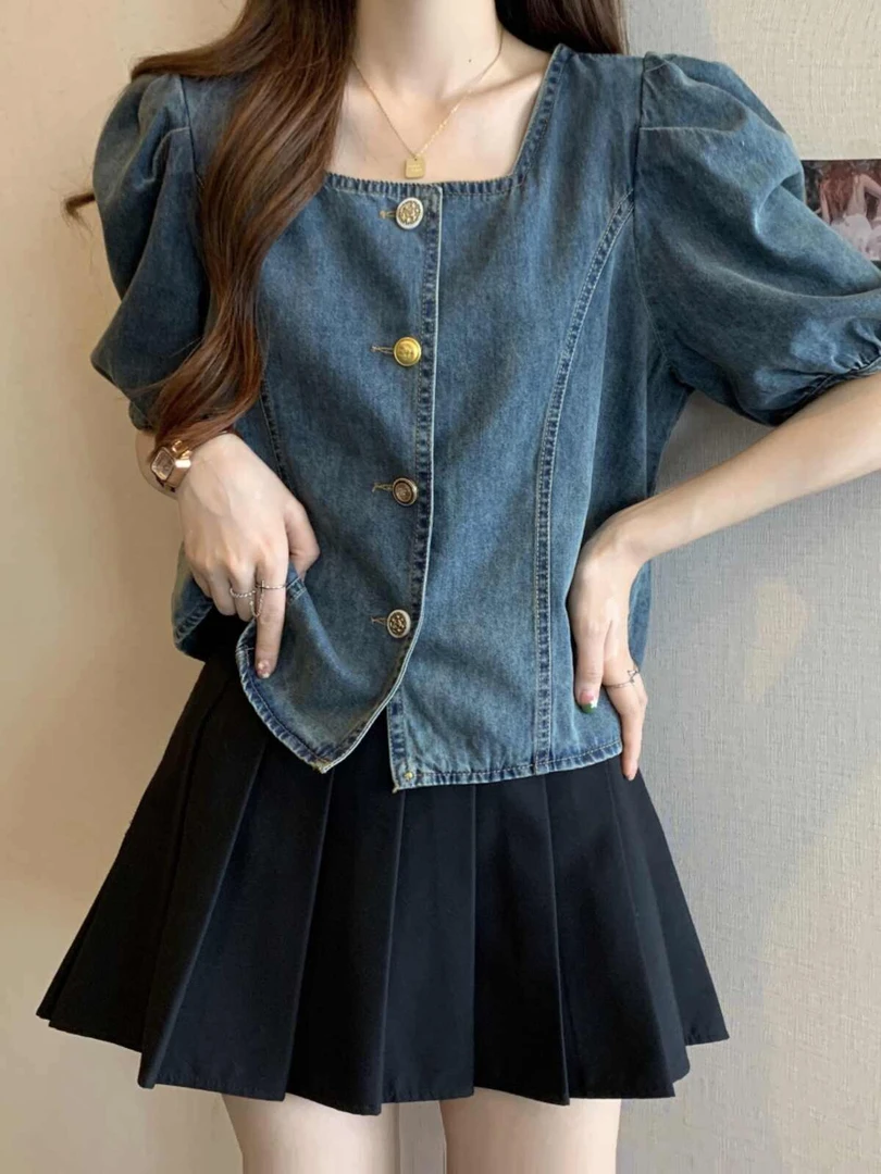 泡泡袖方领牛仔短袖衬衫女夏季大码胖mm洋气减龄小衫宽松显瘦上衣