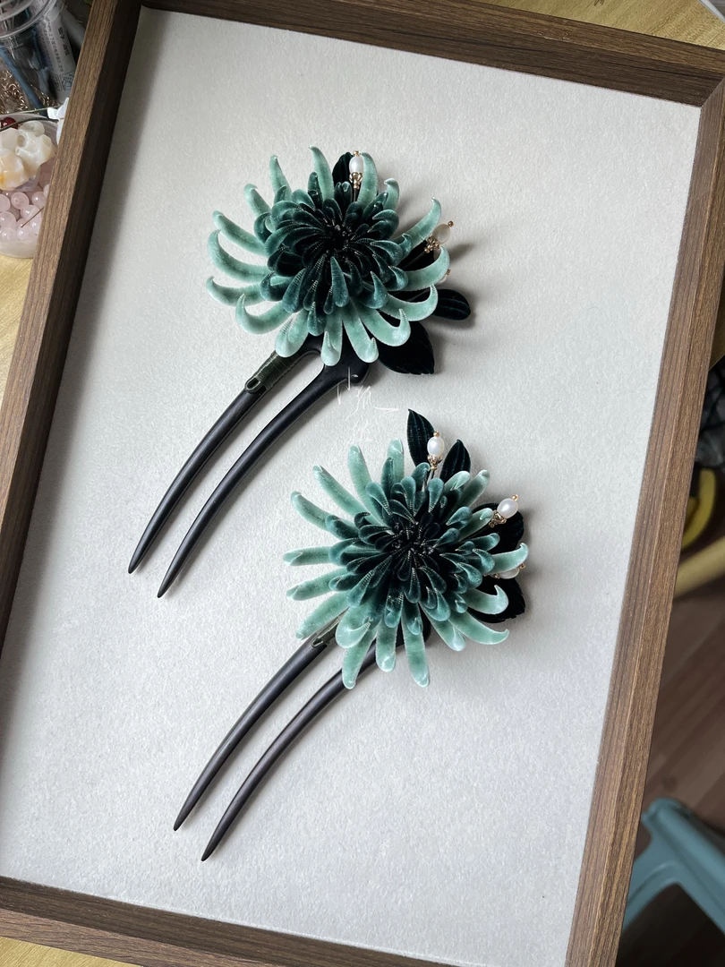 非遗绒花细绒条菊花手工黑檀木簪绿鄂