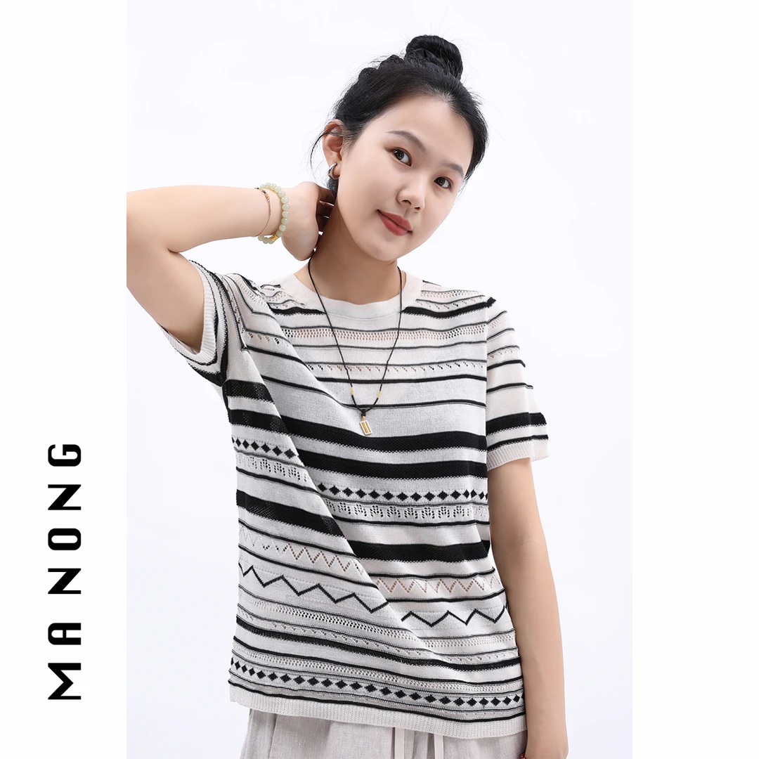 【轨迹】设计师款镂空针织衫短袖女夏季不规则纹理针织T恤上衣条纹