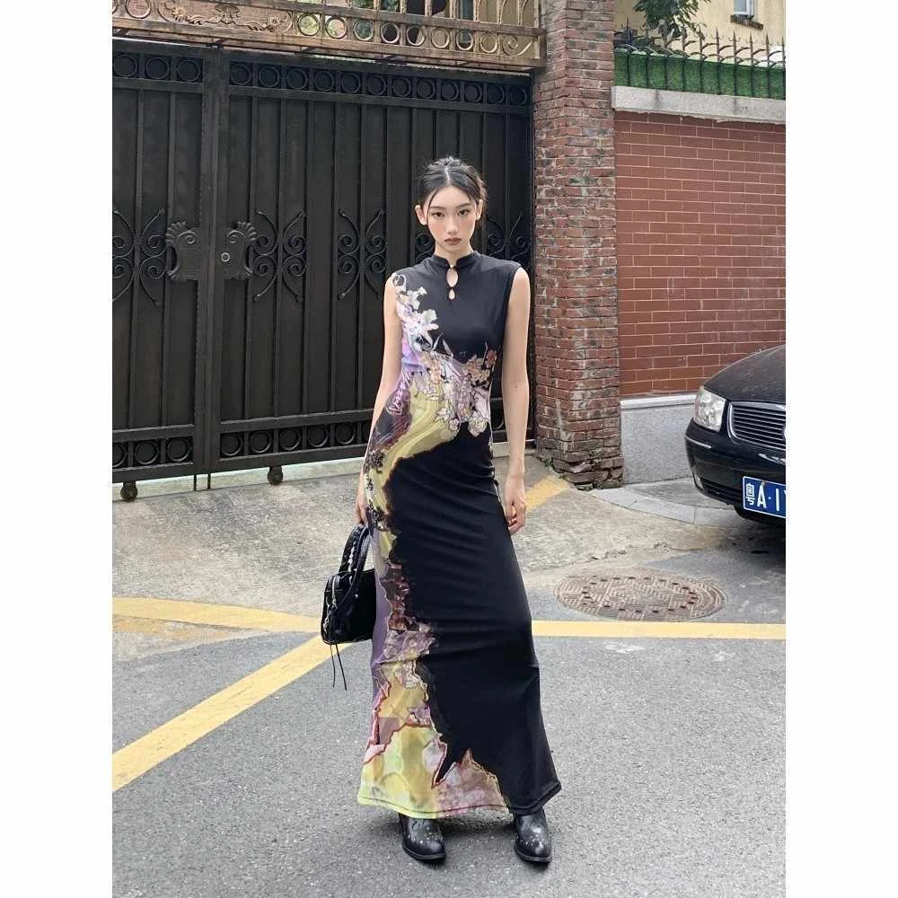 新中式国风前后两穿撞色旗袍连衣裙女夏鱼尾背心裙收腰包臀长裙子