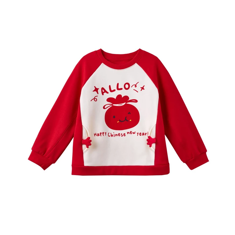 阿路和如新款儿童圆领加绒新中式红色卫衣