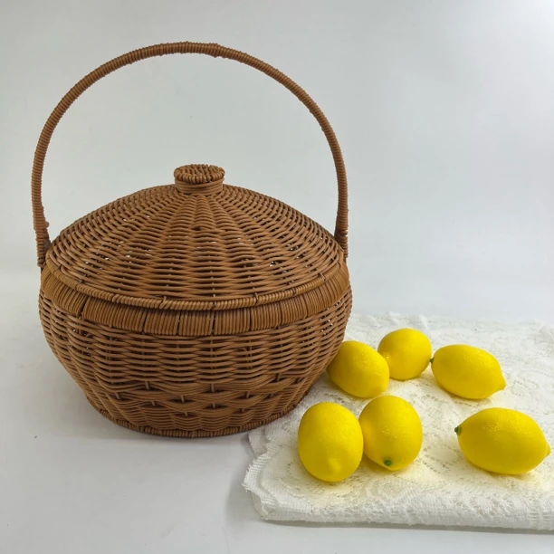 家用馒头水果篮圆形编织带盖厨房手工鸡蛋篮子客厅收纳藤编零食