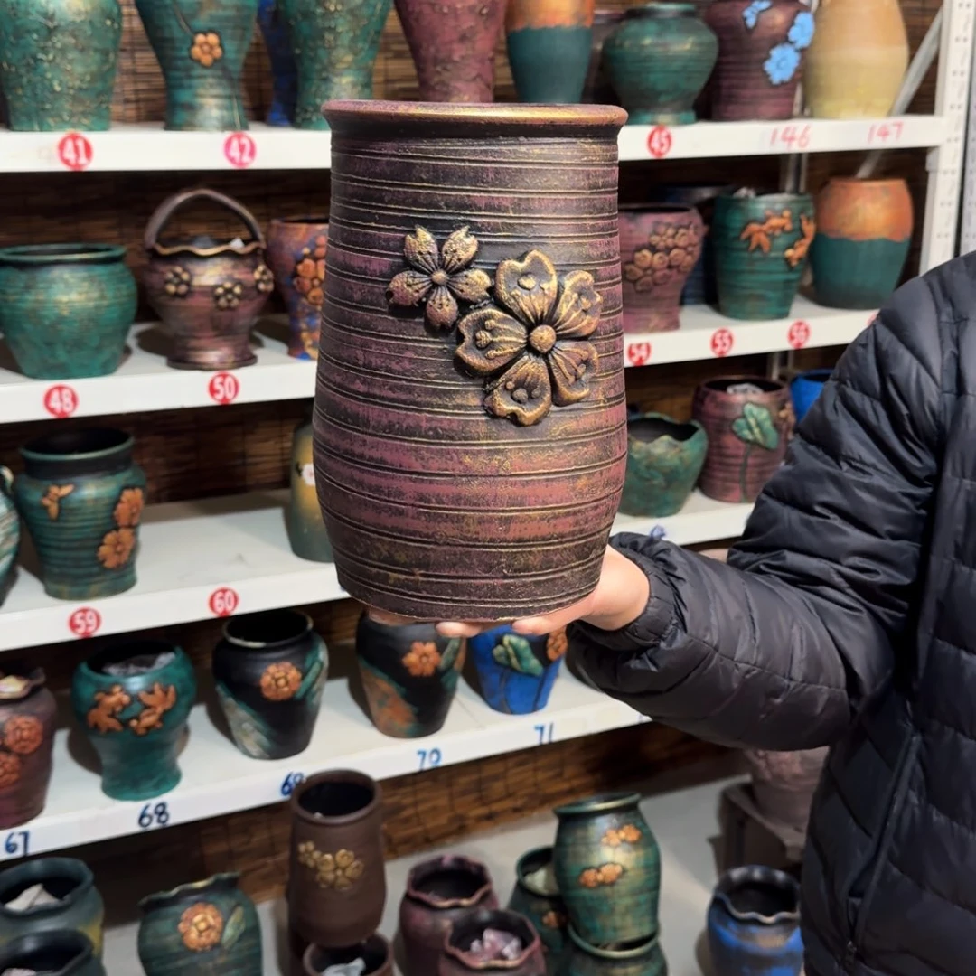 红陶红陶浮雕花盆炸炸炸