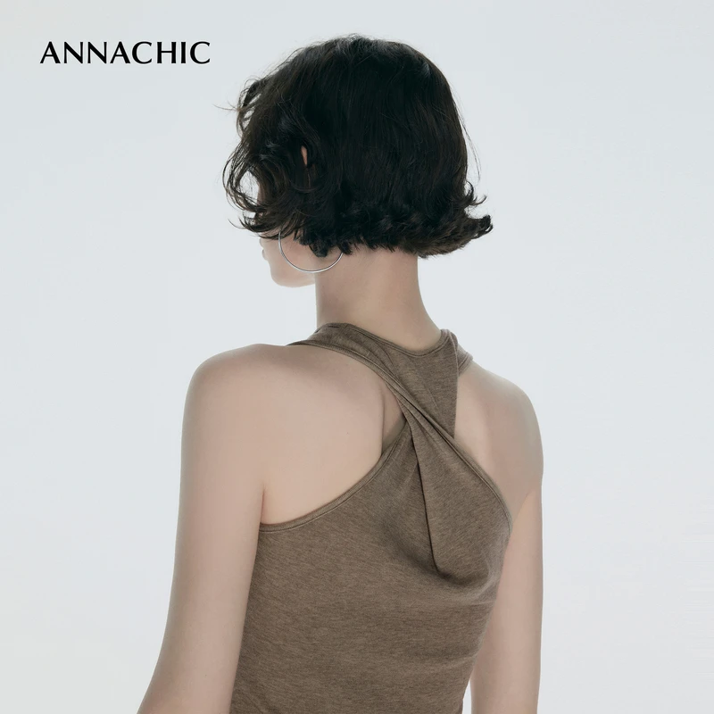 ANNACHIC花咖色后背扭结天丝背心女夏季新款辣妹修身内搭外穿上衣