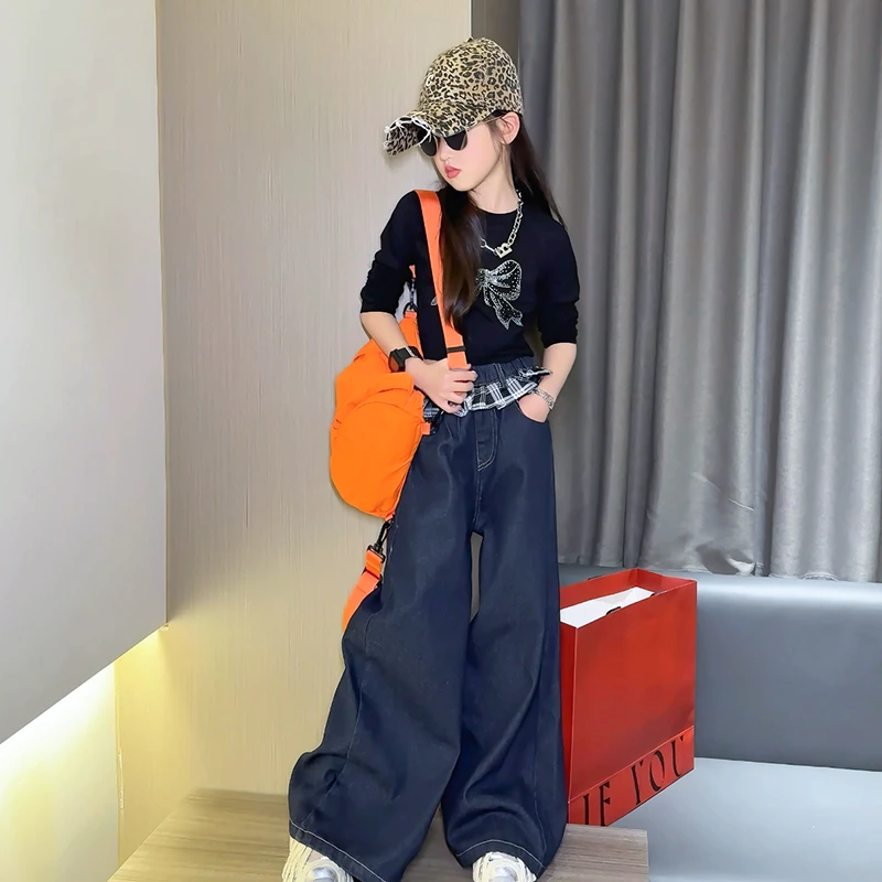 女童2025春款牛仔裤蝴蝶结t恤女孩修身复古蓝色直筒阔腿洋气穿搭