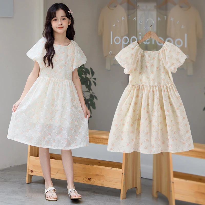 巴拉童年女童 夏装棉 连衣裙2025新款洋气中大童泡泡袖公主裙碎
