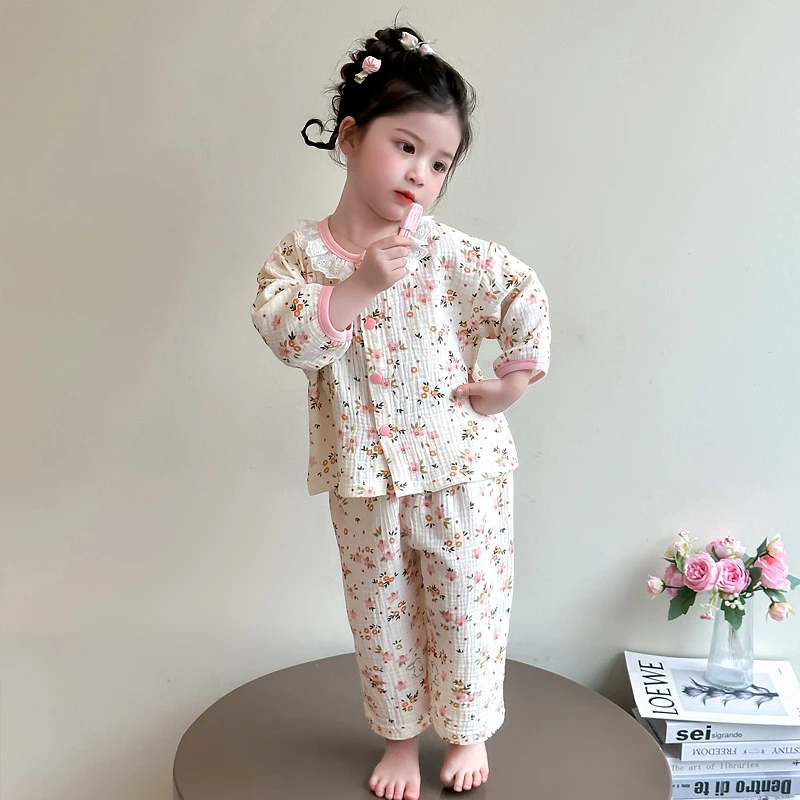 女童睡衣纯棉夏季薄款2025新款长袖儿童空调服纱布开衫宝宝家居服