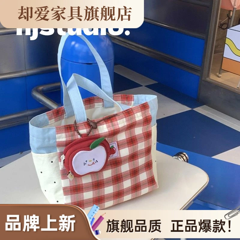 原创上班手提便当包女生ins风多口袋大容量帆布包格子上课饭盒袋
