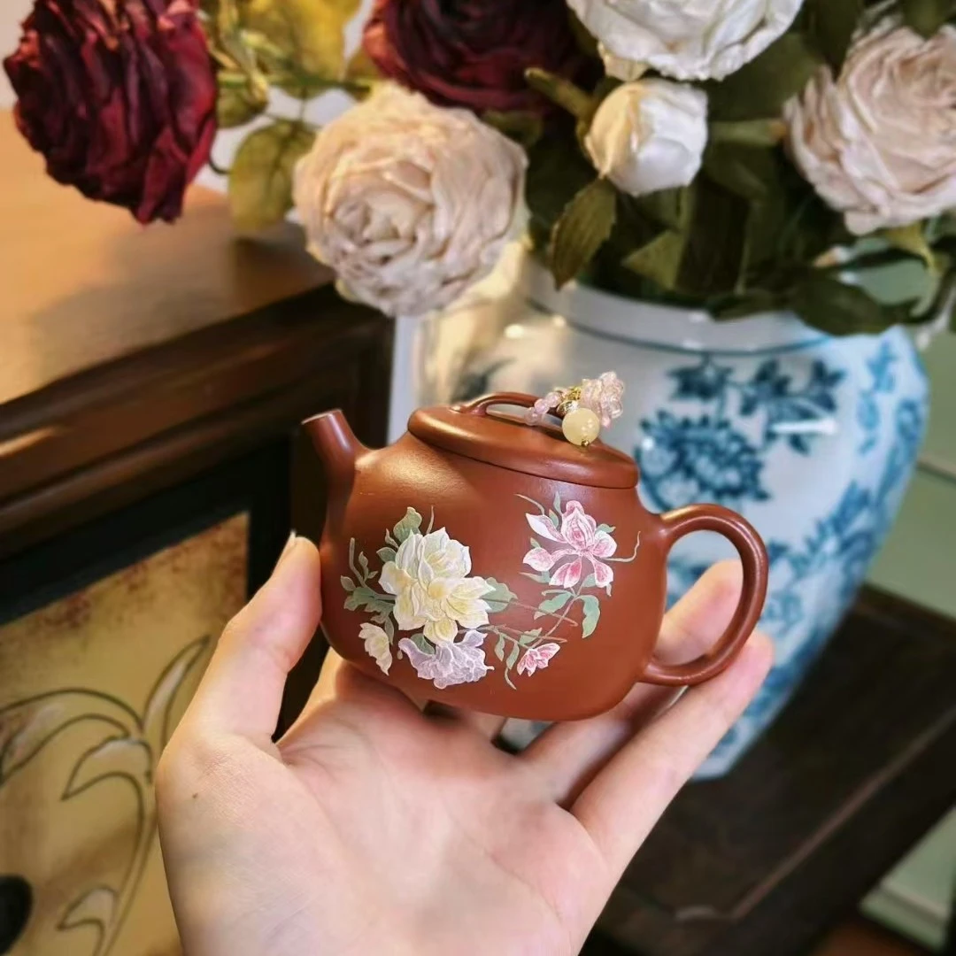 宜兴原矿朱泥紫砂壶牡丹汉瓦秦权150ml女生花卉茶具