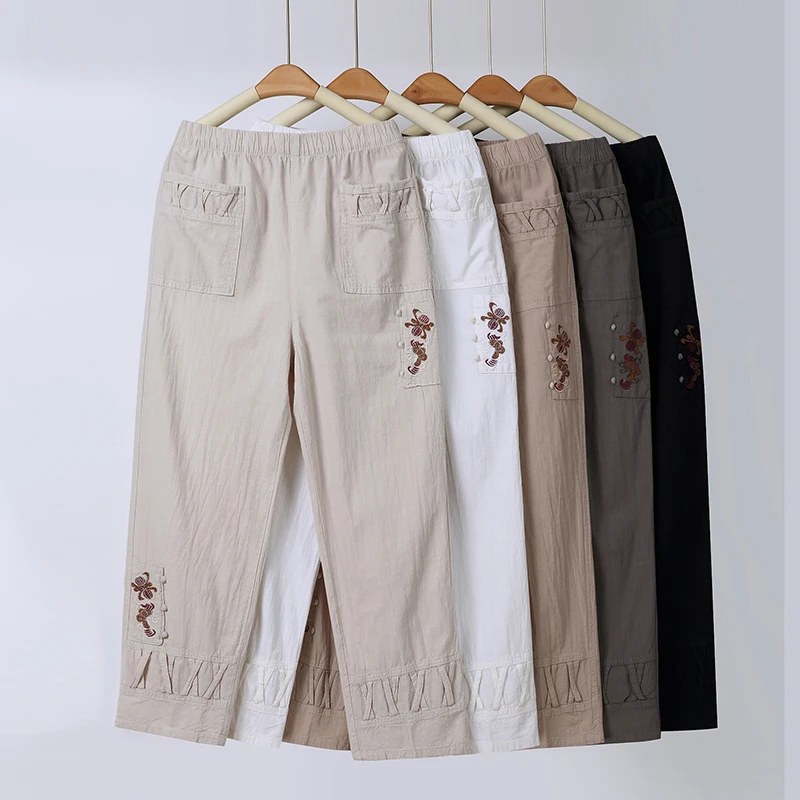刺绣薄款休闲风夏季九分裤休闲裤中老年直筒宽松妈妈装中国风