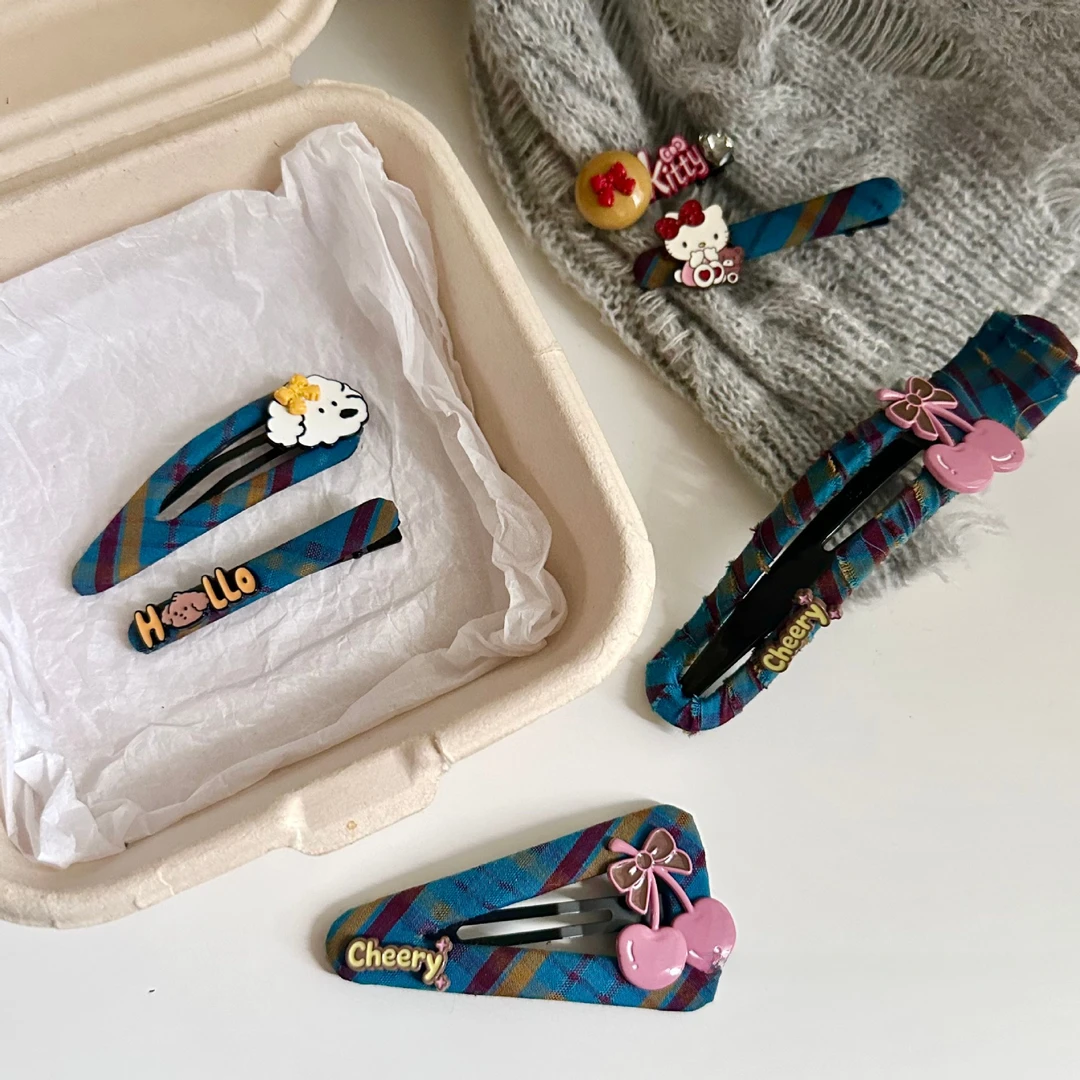 韩系红蓝黄色格纹布艺蝴蝶结发夹清新甜美刘海侧边夹发夹发饰头饰