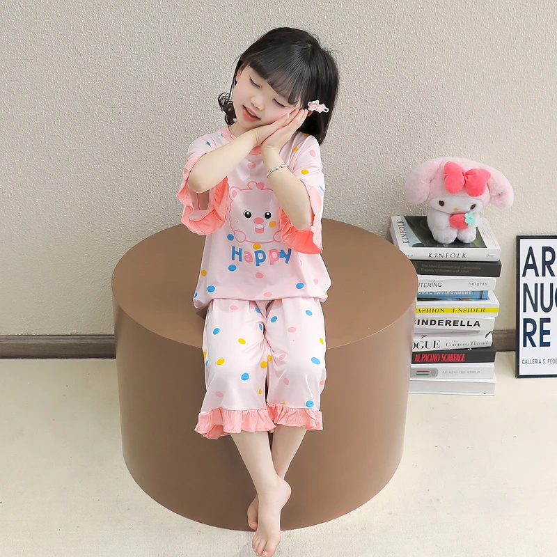 女童睡衣夏季薄款莫代尔女宝宝空调服小女孩七分袖套装儿童家居服