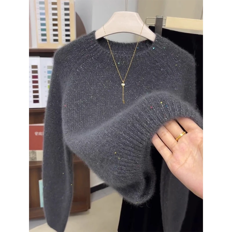 2025冬季新款新款亮片圆领针织衫女长袖宽松显瘦百搭毛衣上衣