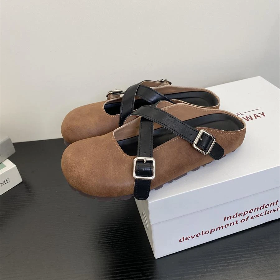 复古交叉带勃肯鞋包头半拖鞋女外穿2025新款百搭厚底一脚蹬懒人鞋