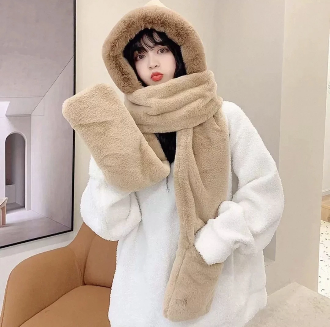 韩版简约大毛条帽子围巾三件套百搭舒适网红柔软一体连帽毛绒防寒