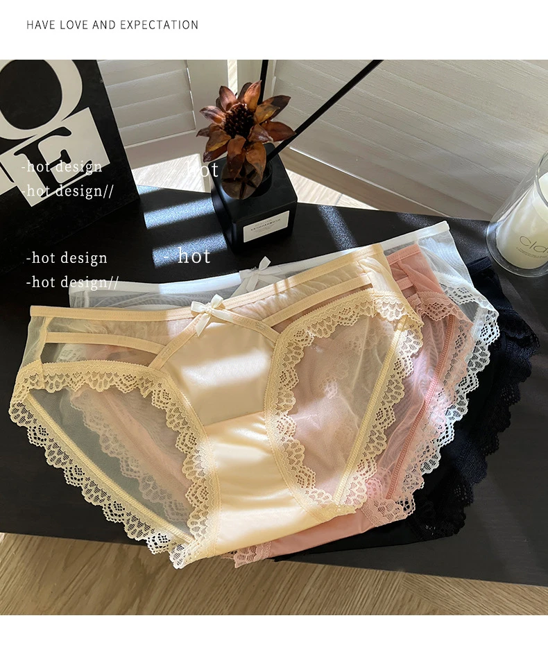 甜美蕾丝性感透气内裤女柔软网纱镂空纯欲风小心机中腰女士三角裤