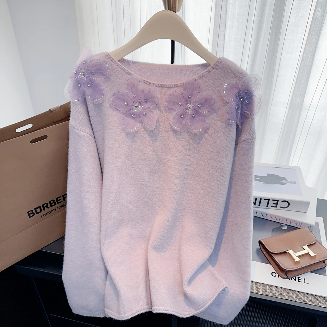 法式甜美温柔风立体花朵重工钉珠针织衫2025秋冬新款宽松毛衣上衣