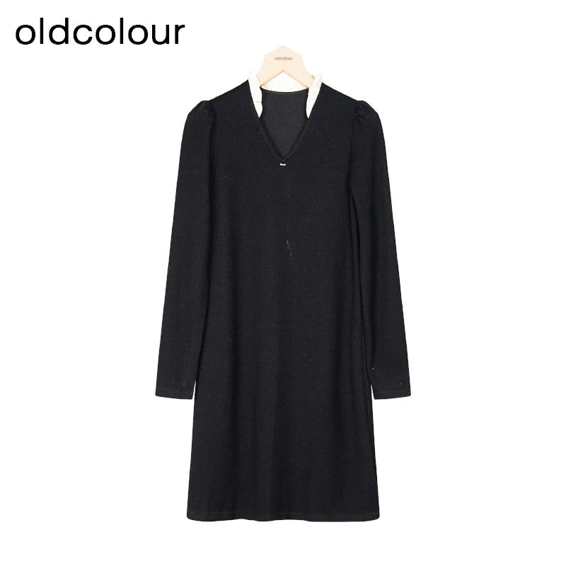 oldcolour冬新款黑色简约气质宽松显瘦V领长袖连衣裙女P441005A1