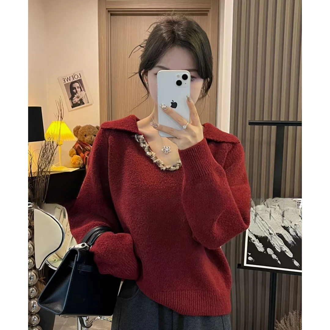 法式亮片V领毛衣女秋冬高级感超好看外穿慵懒针织衫翻领内搭上衣