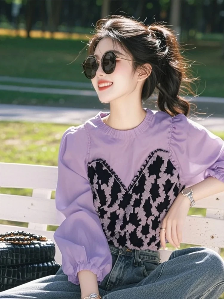 2025春季新款今年流行设计感高级紫色拼接豹纹衬衫牛仔裤两件套女