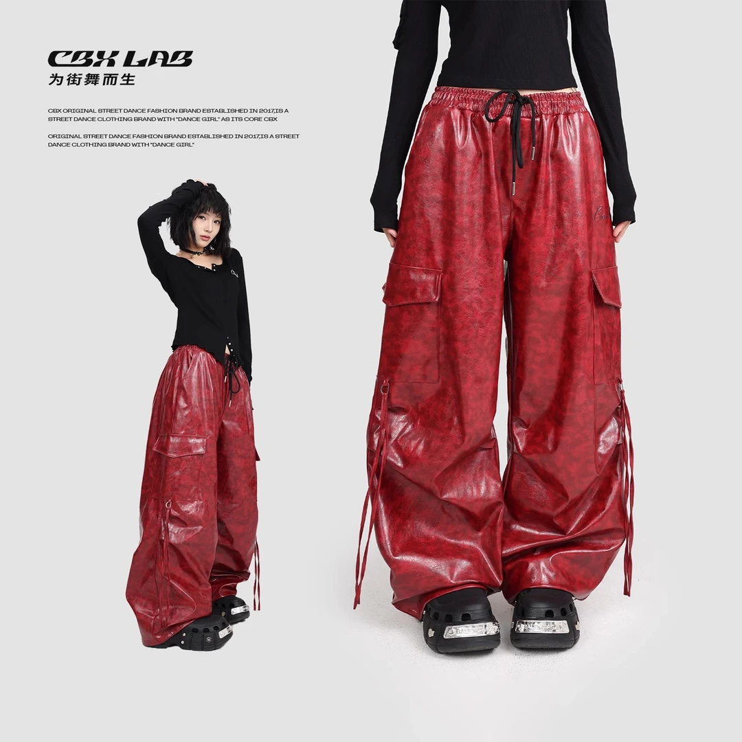 CBXLAB街舞潮牌酒红废土皮裤显瘦直筒复古宽松小众设计感嘻哈