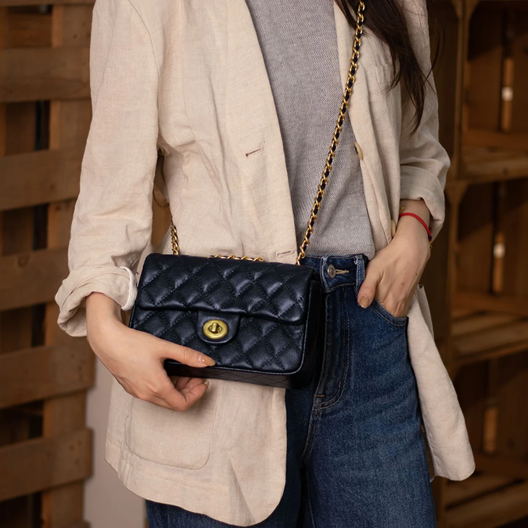 手工植鞣头层牛皮百搭尚小香风腋下单肩斜挎菱格链条包11197